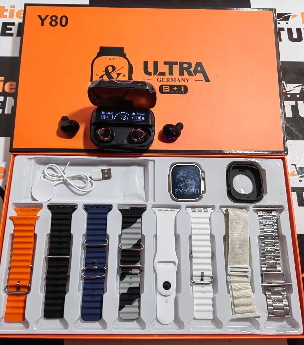 Combo 9 en 1 - Audífono inalámbrico+ Smart Watch serie 9 + 8 Correas