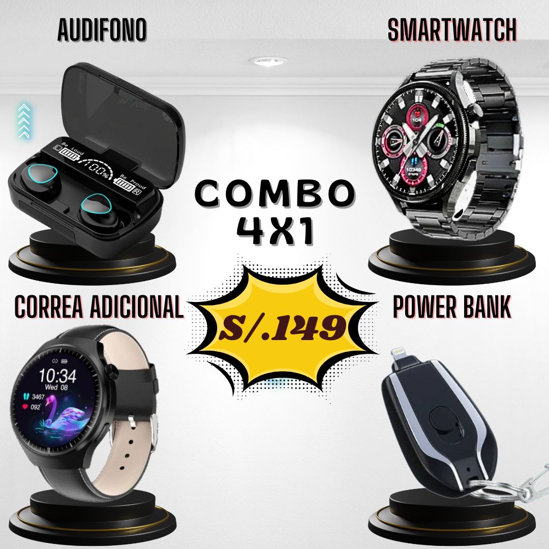 Combo P7 (4 x 1)(audífono M10 + WATCH 4 + Mini Power Bank - Correa)