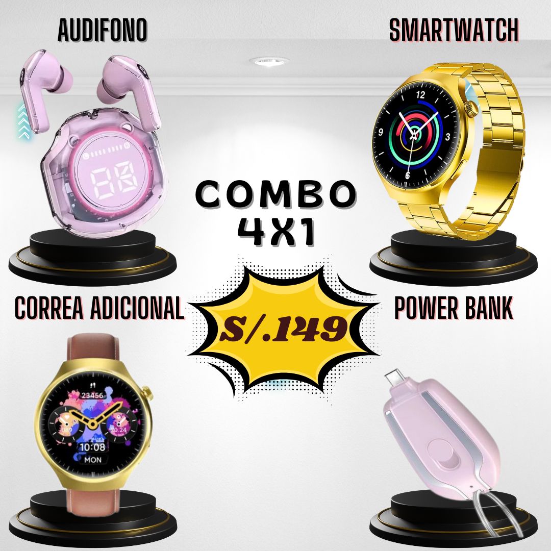 Combo P7 (4 x 1)(audífono M10 + WATCH 4 + Mini Power Bank - Correa)