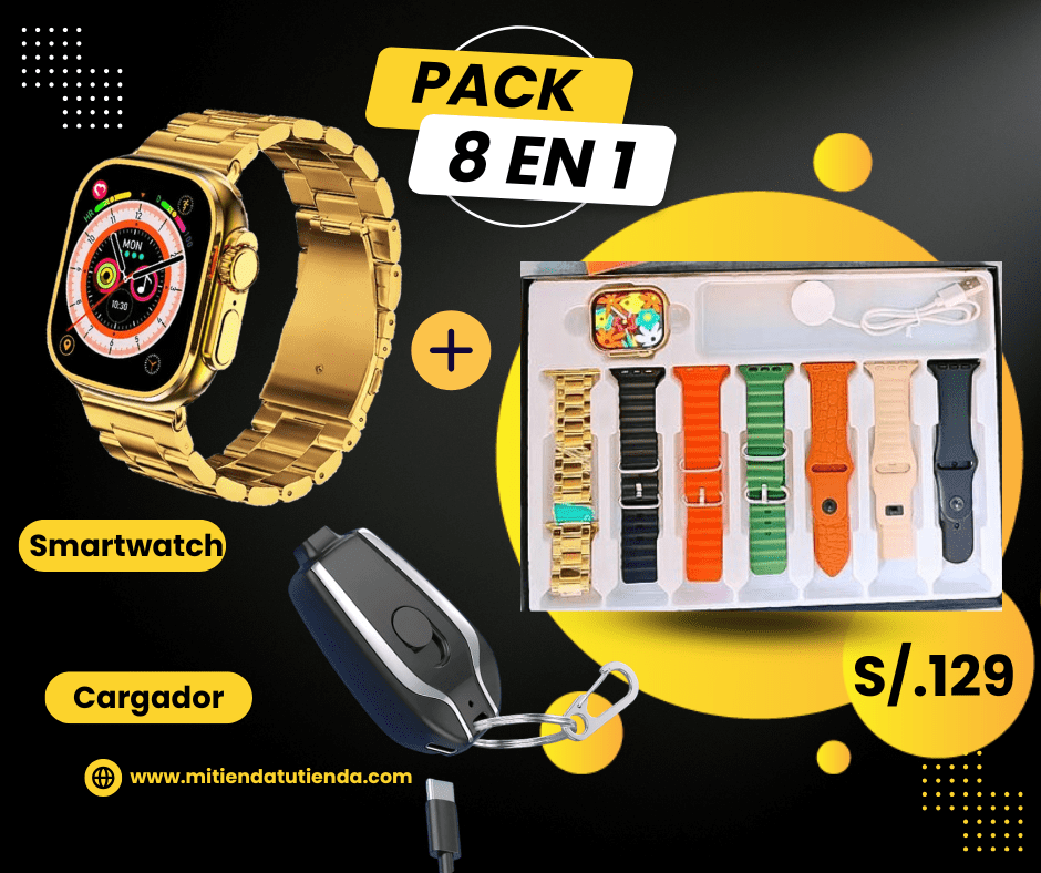 Combo P8 (8 en 1) - Smart Watch + Mini Cargador + 7 Correas