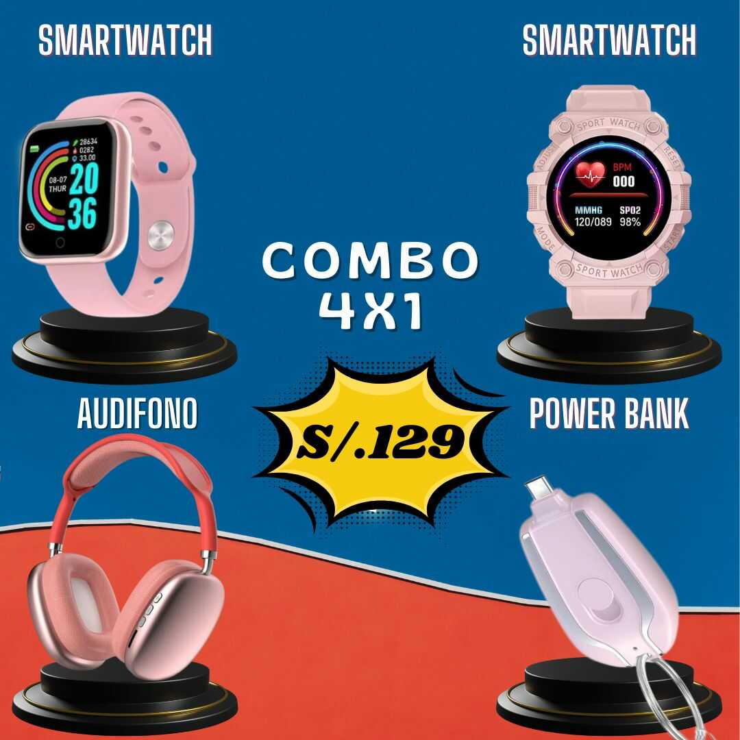 Combo P4 (4x1) 2 smartwatch + Audifono + Cargador