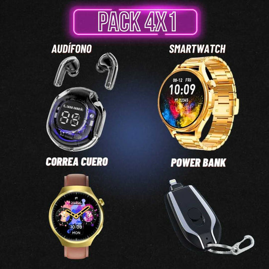 Pack 4 x 1 (Smartwatch + Mini Cargador - 2 Correas  + Audífono)